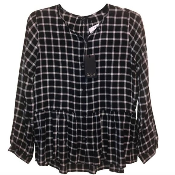 Rails Tops - Rails Black and white Long Sleeve Plaid Checkered Ruffle Small Babydoll Blouse